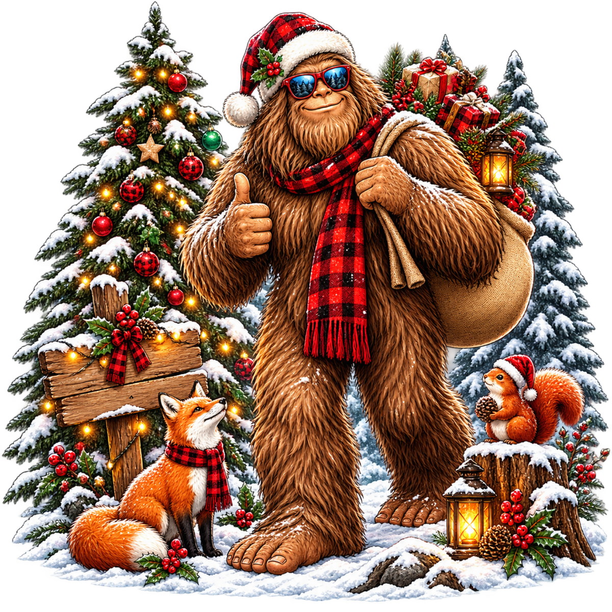 XMAS1464-10 Christmas Bigfoot DTF transfer artwork; physical transfer only; garment not included