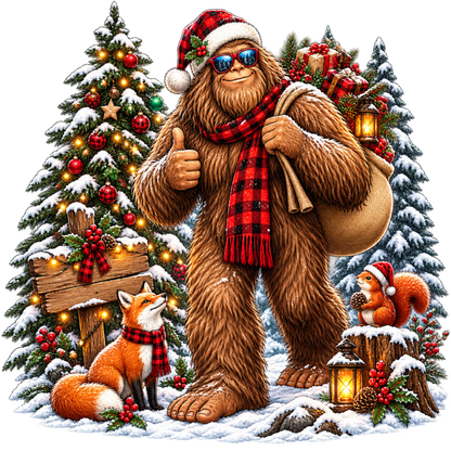 XMAS1464-10 Christmas Bigfoot DTF transfer artwork; physical transfer only; garment not included