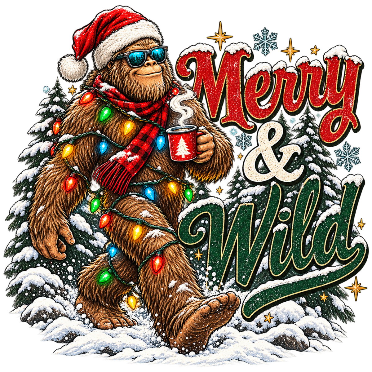 XMAS1464-12 Christmas Bigfoot DTF transfer artwork; physical transfer only; garment not included