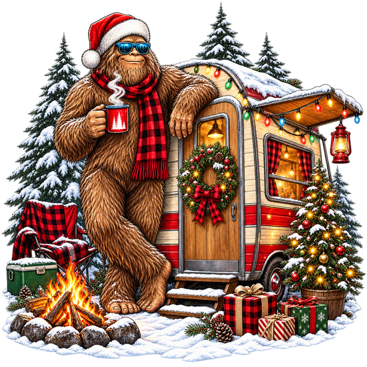 XMAS1464-13 Christmas Bigfoot DTF transfer artwork; physical transfer only; garment not included