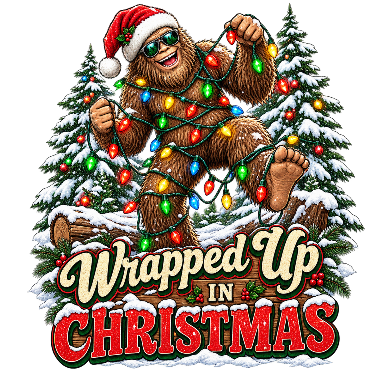 XMAS1464-2 Christmas Bigfoot DTF transfer artwork; physical transfer only; garment not included