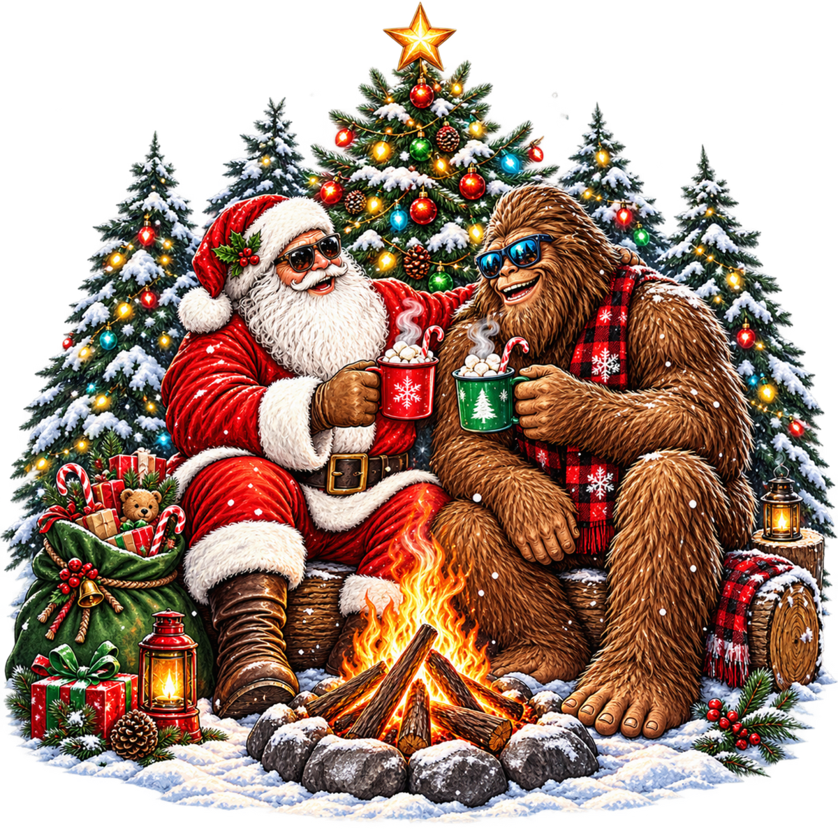 XMAS1464-3 Christmas Bigfoot DTF transfer artwork; physical transfer only; garment not included