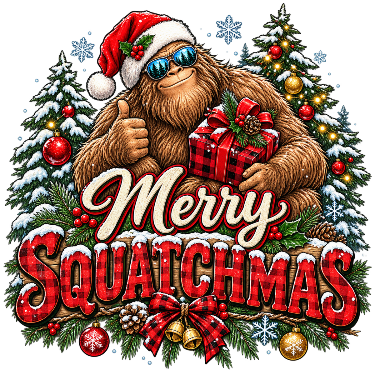 XMAS1464-5 Christmas Bigfoot DTF transfer artwork; physical transfer only; garment not included