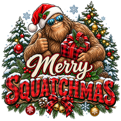 XMAS1464-5 Christmas Bigfoot DTF transfer artwork; physical transfer only; garment not included