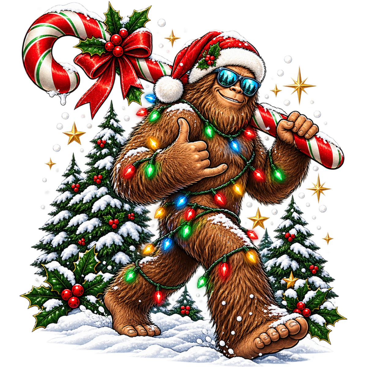 XMAS1464-6 Christmas Bigfoot DTF transfer artwork; physical transfer only; garment not included