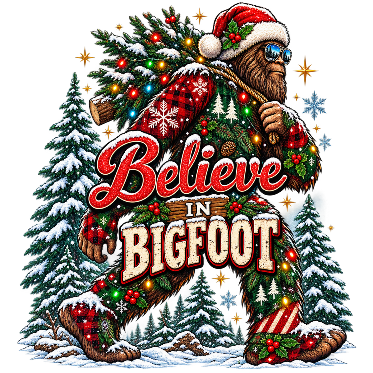 XMAS1464-8 Christmas Bigfoot DTF transfer artwork; physical transfer only; garment not included