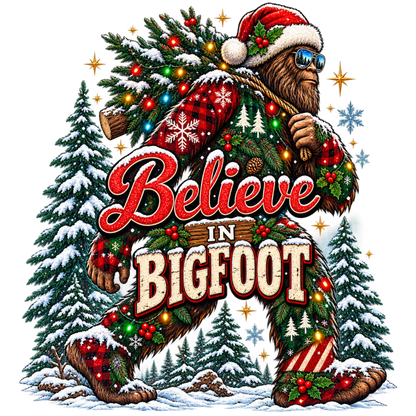 XMAS1464-8 Christmas Bigfoot DTF transfer artwork; physical transfer only; garment not included