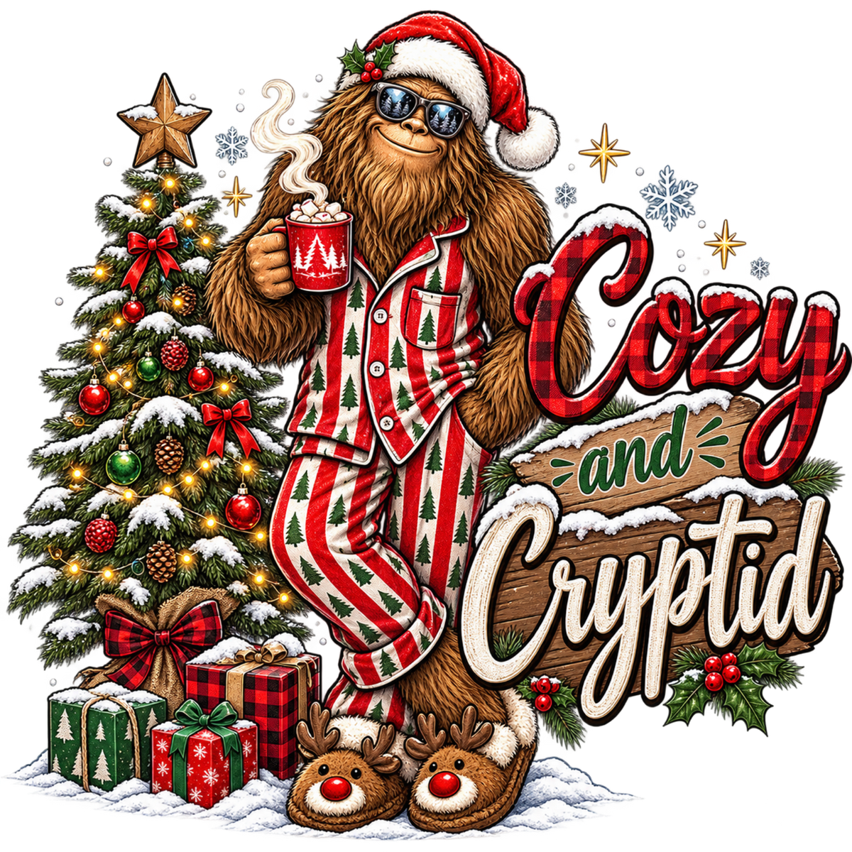 XMAS1464-9 Christmas Bigfoot DTF transfer artwork; physical transfer only; garment not included