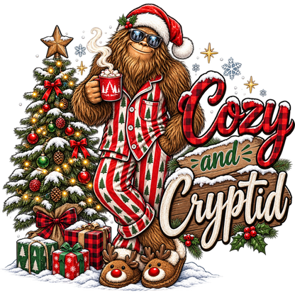 XMAS1464-9 Christmas Bigfoot DTF transfer artwork; physical transfer only; garment not included