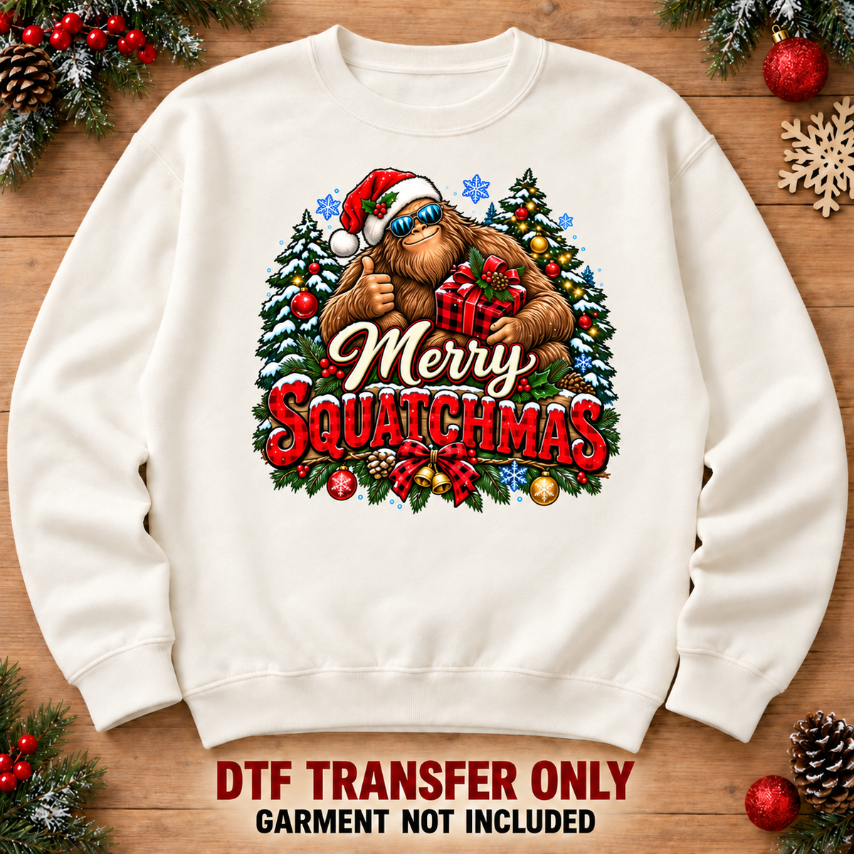 XMAS1464-5 Merry Squatchmas Bigfoot DTF transfer on an ivory sweatshirt; illustrative 12-inch size mockup; garment not included
