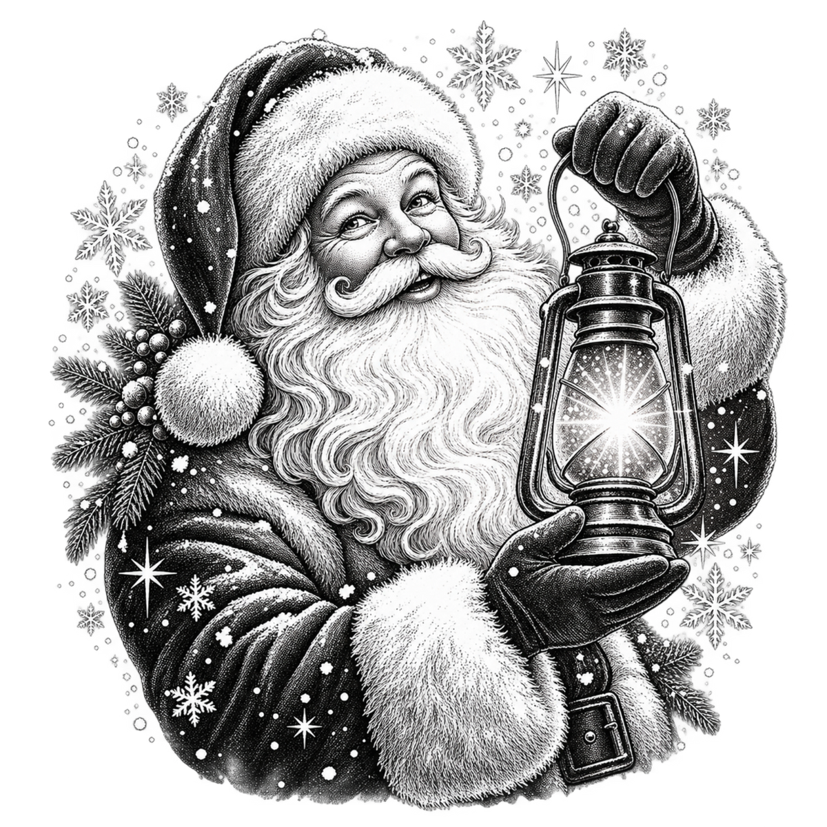 XMAS1465-1 black and white vintage Santa DTF transfer artwork; physical transfer only; garment not included