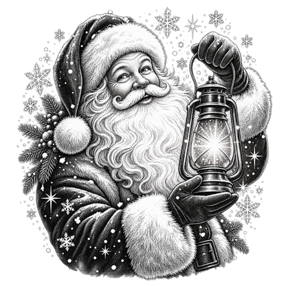 XMAS1465-1 black and white vintage Santa DTF transfer artwork; physical transfer only; garment not included