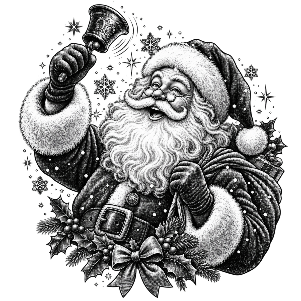 XMAS1465-10 black-and-white vintage Santa DTF transfer artwork; physical transfer only; garment not included