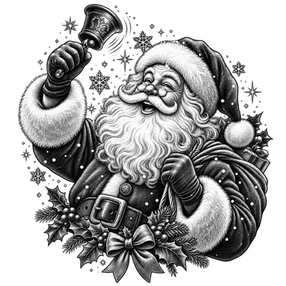 XMAS1465-10 black-and-white vintage Santa DTF transfer artwork; physical transfer only; garment not included