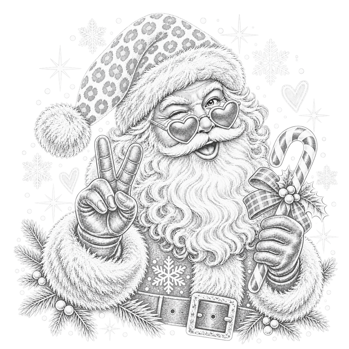 XMAS1465-12 black-and-white vintage Santa DTF transfer artwork; website media export; production uses unchanged numbered original