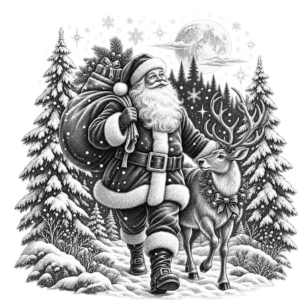 XMAS1465-2 black and white vintage Santa DTF transfer artwork; physical transfer only; garment not included