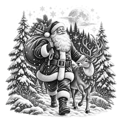 XMAS1465-2 black and white vintage Santa DTF transfer artwork; physical transfer only; garment not included