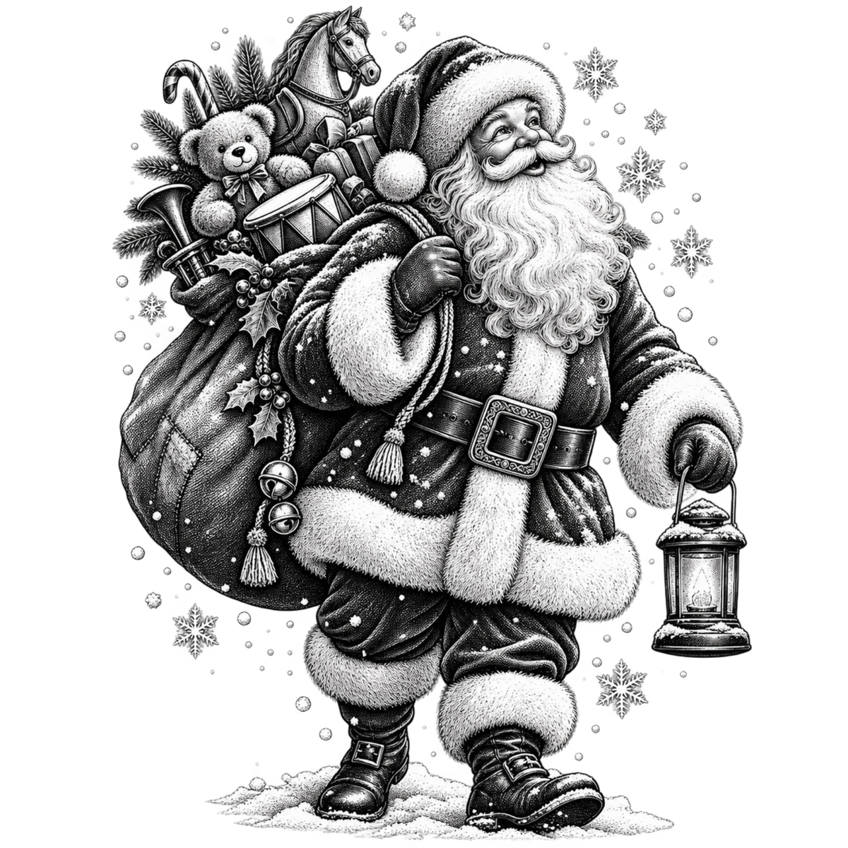 XMAS1465-3 black and white vintage Santa DTF transfer artwork; physical transfer only; garment not included