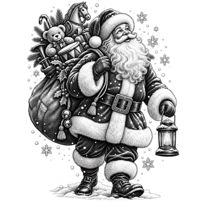 XMAS1465-3 black and white vintage Santa DTF transfer artwork; physical transfer only; garment not included