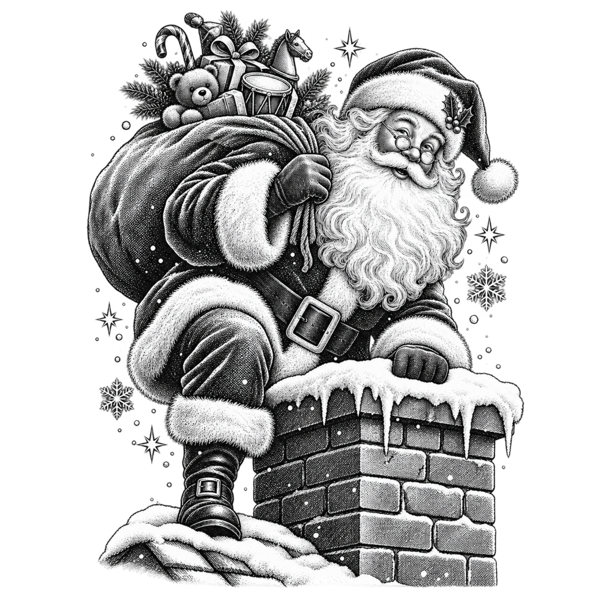 XMAS1465-4 black-and-white vintage Santa DTF transfer artwork; physical transfer only; garment not included