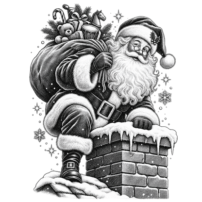 XMAS1465-4 black-and-white vintage Santa DTF transfer artwork; physical transfer only; garment not included