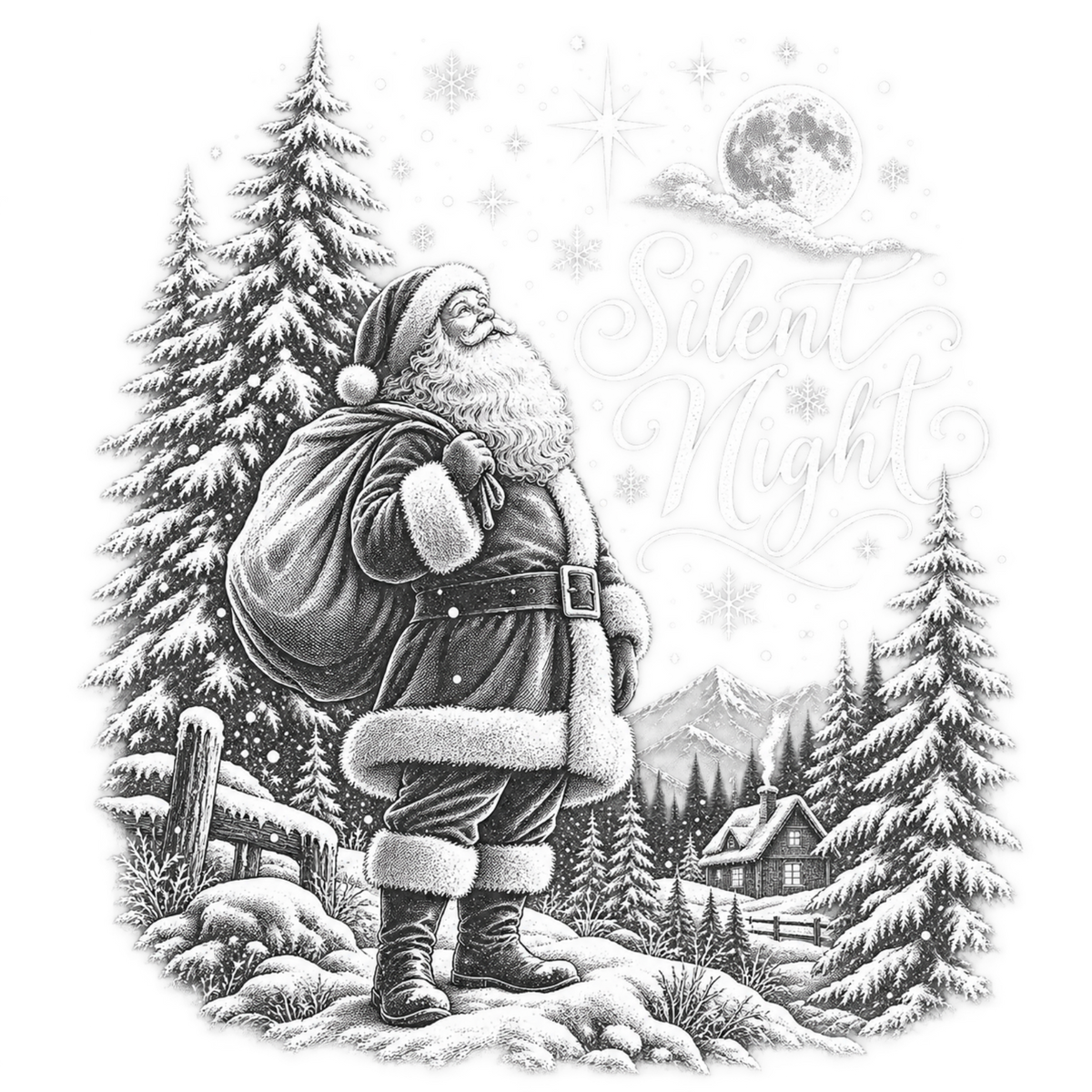 XMAS1465-5 black-and-white vintage Santa DTF transfer artwork; physical transfer only; garment not included