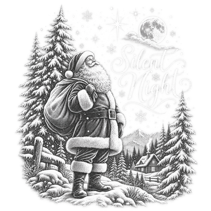 XMAS1465-5 black-and-white vintage Santa DTF transfer artwork; physical transfer only; garment not included