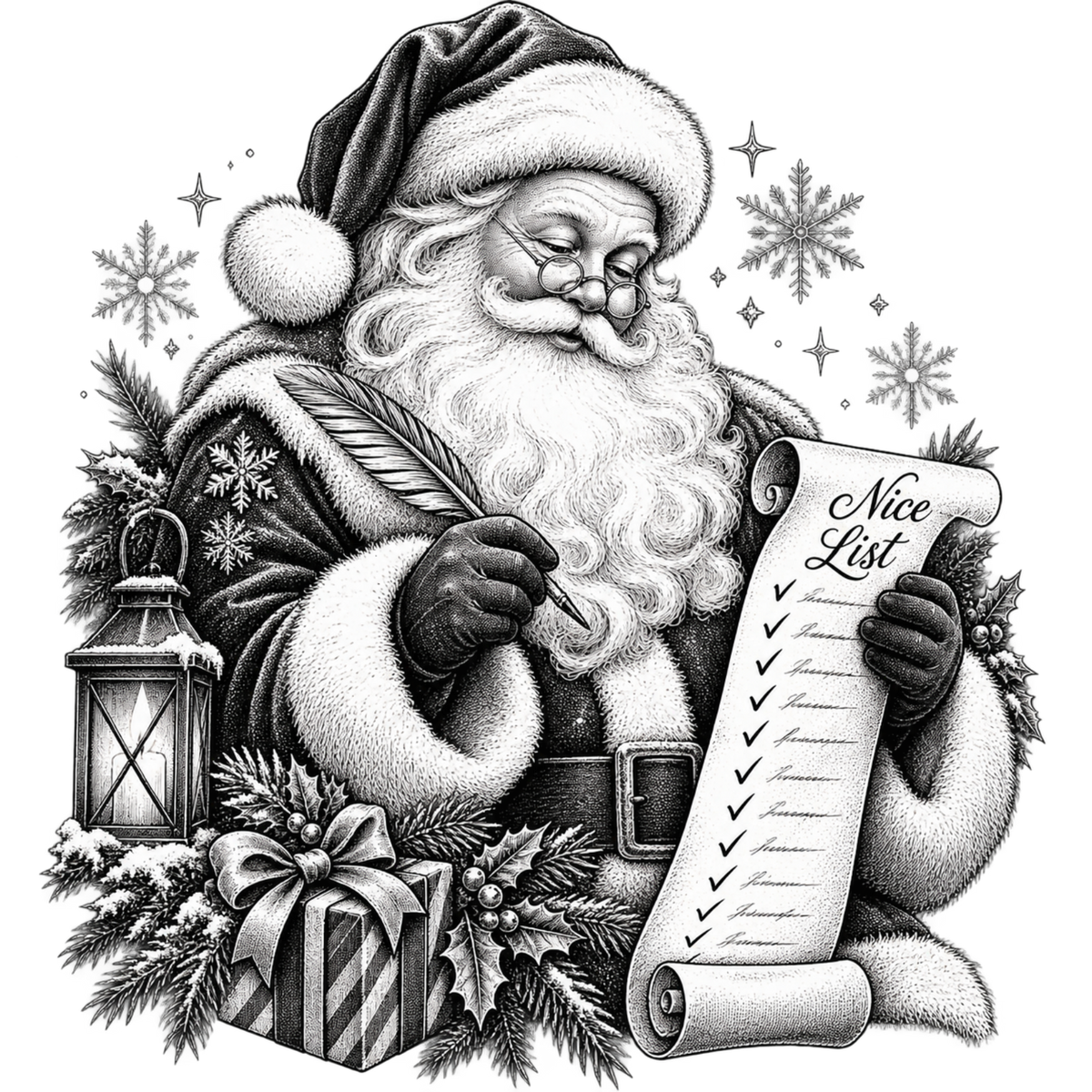 XMAS1465-6 black-and-white vintage Santa DTF transfer artwork; physical transfer only; garment not included
