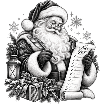XMAS1465-6 black-and-white vintage Santa DTF transfer artwork; physical transfer only; garment not included