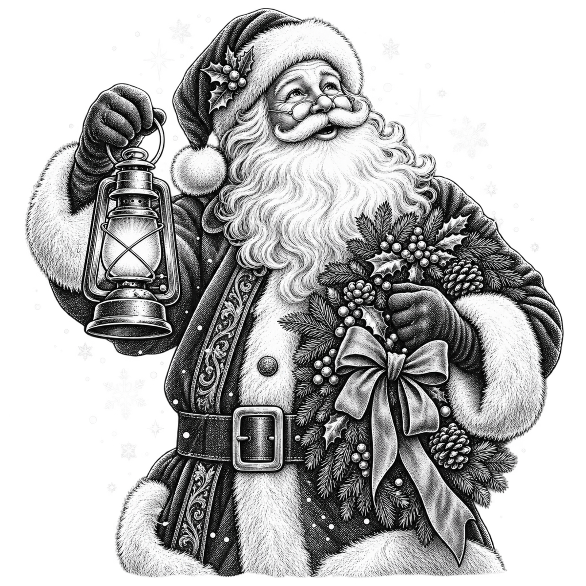 XMAS1465-7 black-and-white vintage Santa DTF transfer artwork; physical transfer only; garment not included