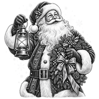 XMAS1465-7 black-and-white vintage Santa DTF transfer artwork; physical transfer only; garment not included
