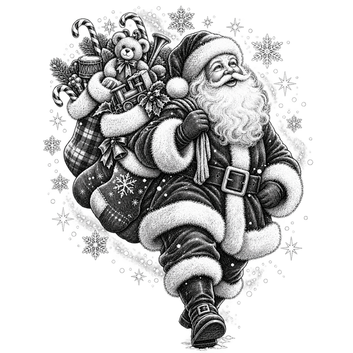 XMAS1465-8 black-and-white vintage Santa DTF transfer artwork; physical transfer only; garment not included