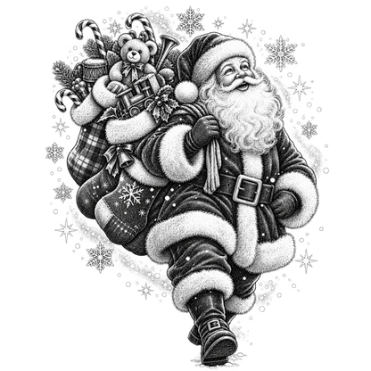 XMAS1465-8 black-and-white vintage Santa DTF transfer artwork; physical transfer only; garment not included