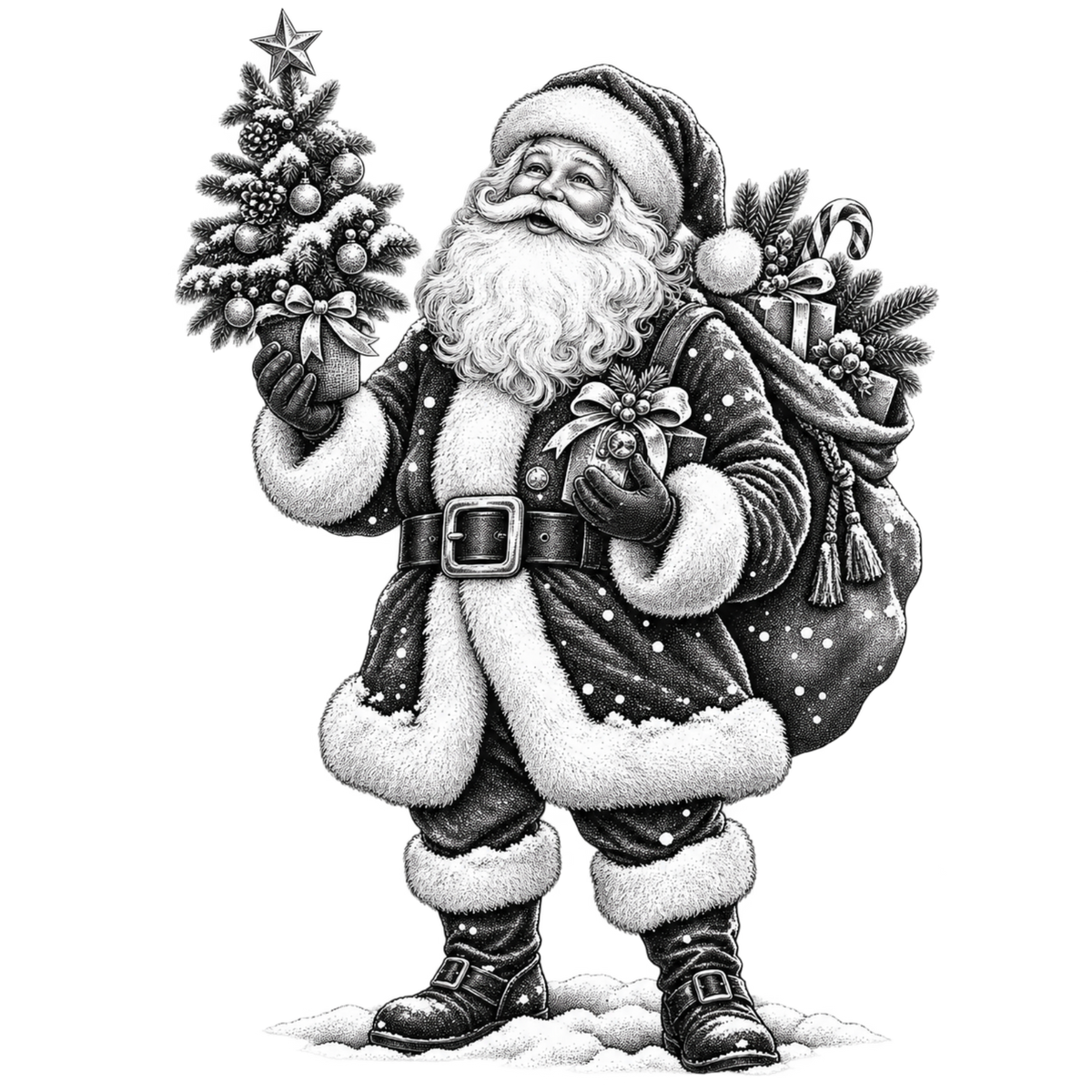XMAS1465-9 black-and-white vintage Santa DTF transfer artwork; physical transfer only; garment not included