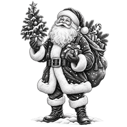 XMAS1465-9 black-and-white vintage Santa DTF transfer artwork; physical transfer only; garment not included