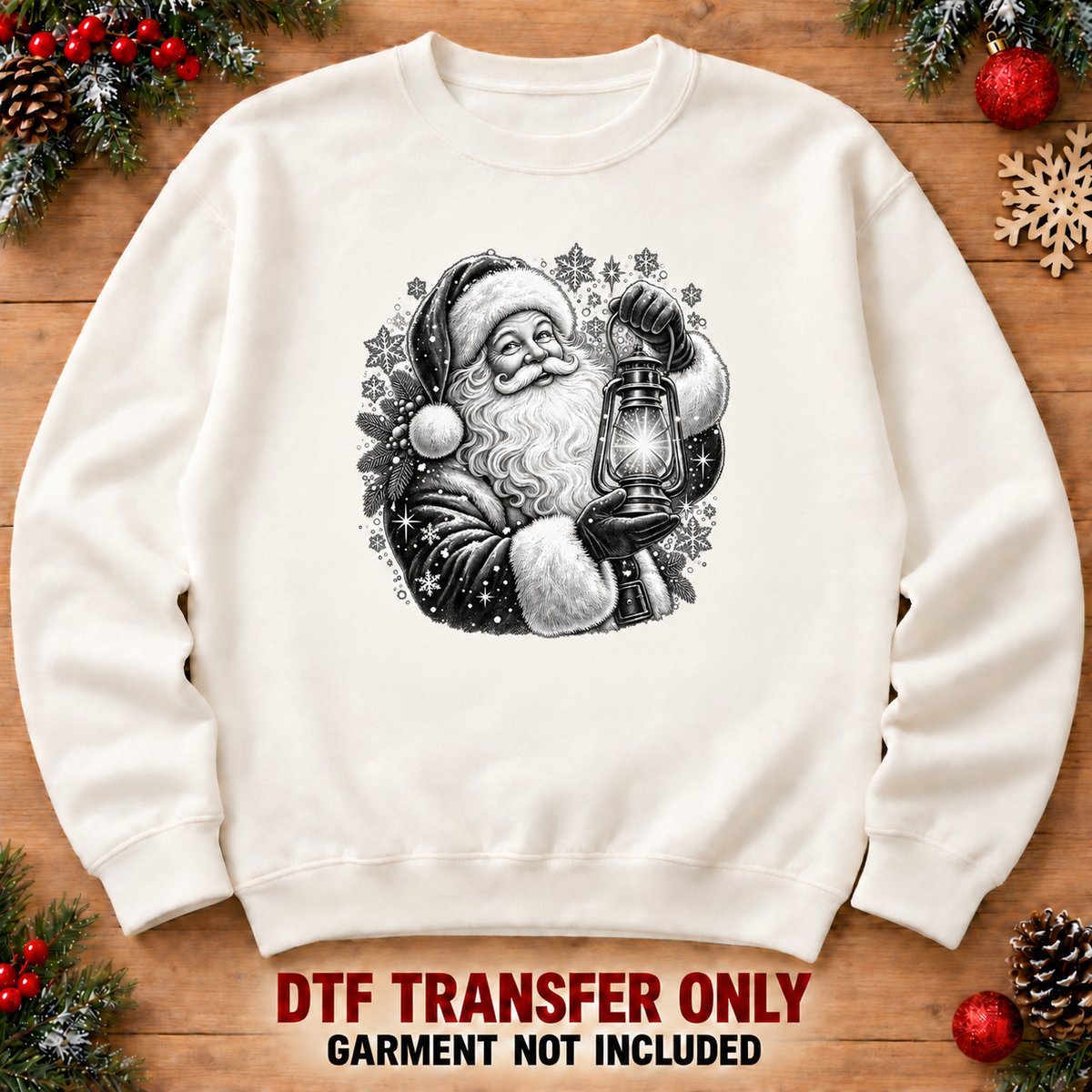 XMAS1465-1 vintage black-and-white Santa with lantern DTF transfer; illustrative 12-inch sweatshirt mockup; garment not included