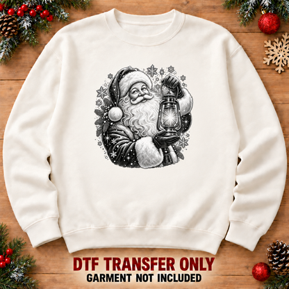 XMAS1465-1 vintage black-and-white Santa with lantern DTF transfer; illustrative 12-inch sweatshirt mockup; garment not included