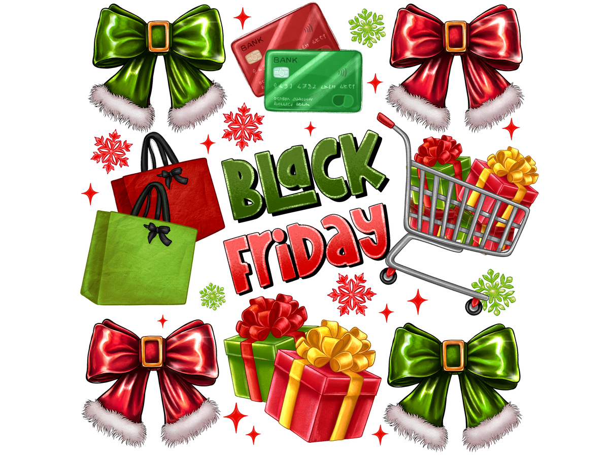 XMAS1466-3 Christmas Black Friday shopping DTF transfer design; physical transfer only; garments and accessories not included