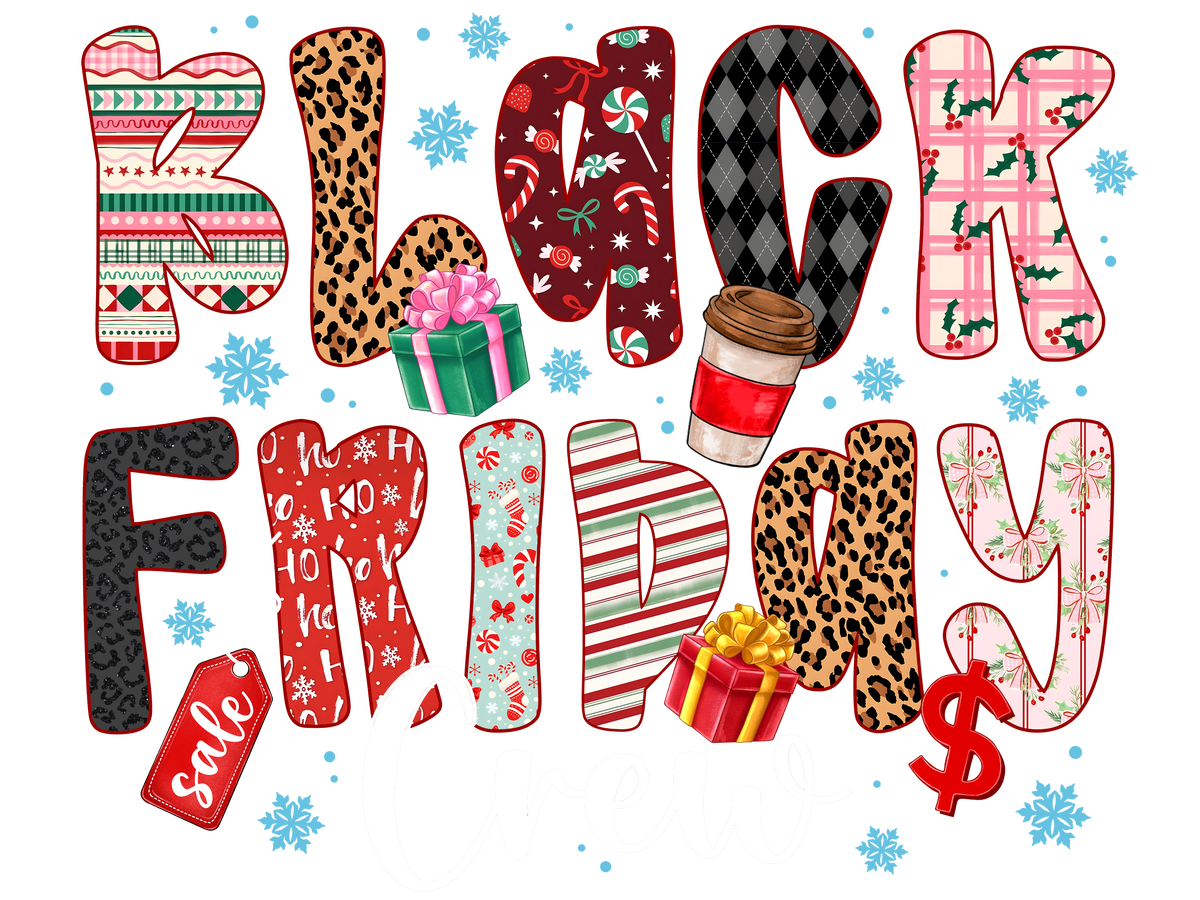 XMAS1466-4 Christmas Black Friday shopping DTF transfer design; physical transfer only; garments and accessories not included