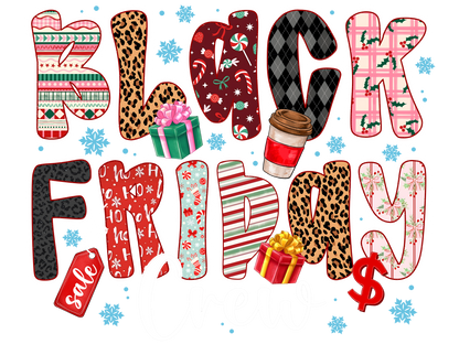 XMAS1466-4 Christmas Black Friday shopping DTF transfer design; physical transfer only; garments and accessories not included