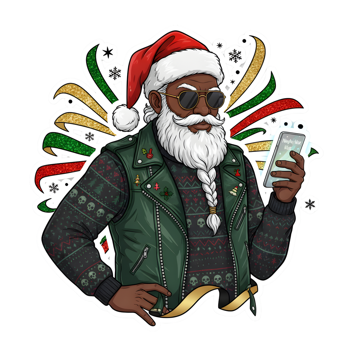 Black Santa Christmas DTF transfer design XMAS1468-14. Physical transfer only.