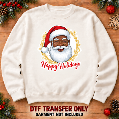 Happy Holidays Black Santa DTF transfer XMAS1468-16 shown at 12 inches on an adult sweatshirt. Garment not included.