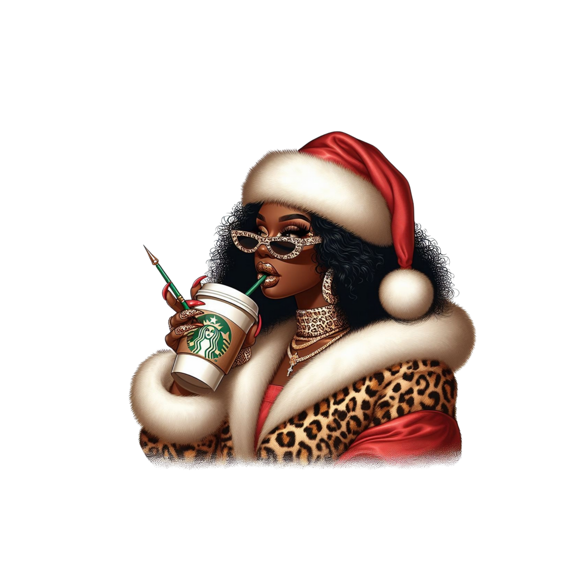 Festive Black woman Christmas DTF transfer design XMAS1469-1. Physical transfer only.