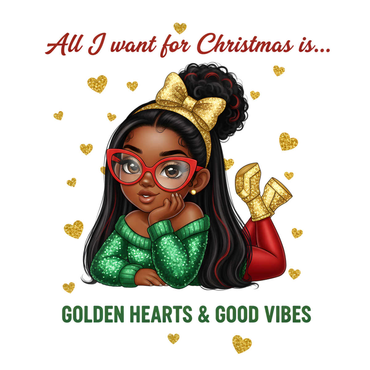 Festive Black woman Christmas DTF transfer design XMAS1469-11. Physical transfer only.
