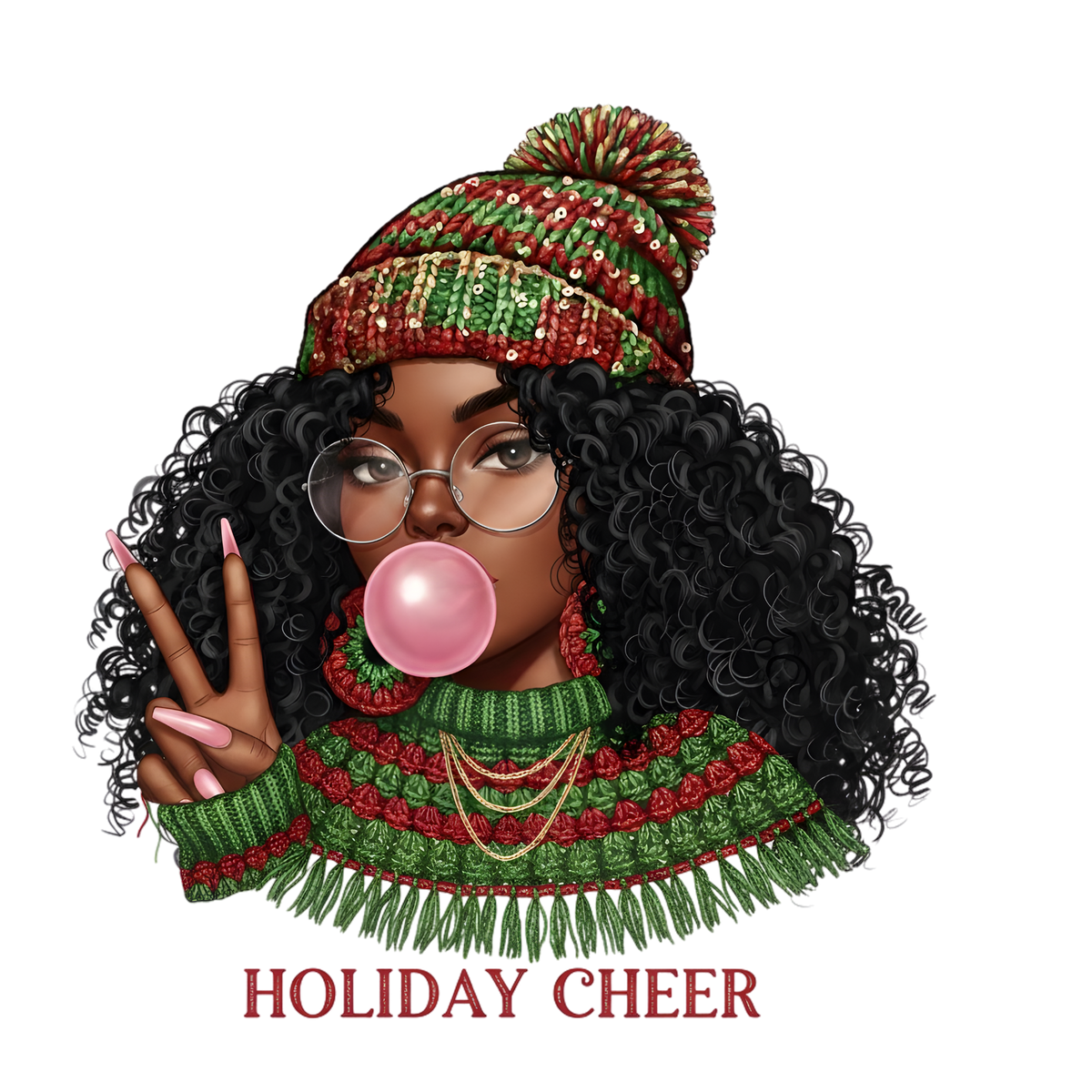 Festive Black woman Christmas DTF transfer design XMAS1469-12. Physical transfer only.