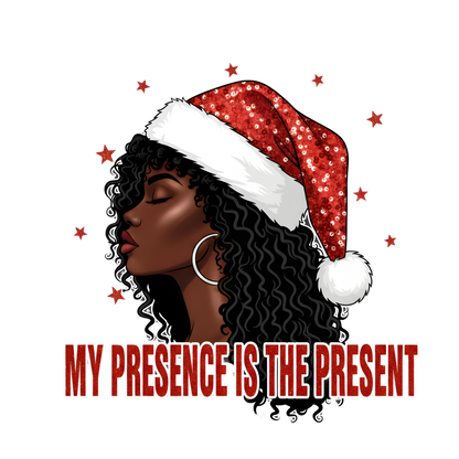 Festive Black woman Christmas DTF transfer design XMAS1469-15. Physical transfer only.