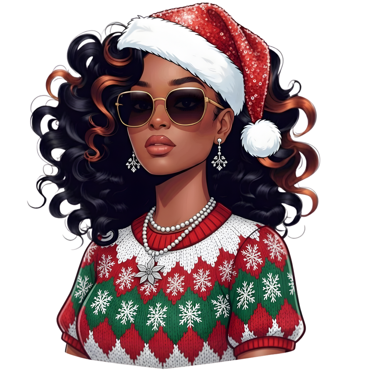 Festive Black woman Christmas DTF transfer design XMAS1469-16. Physical transfer only.