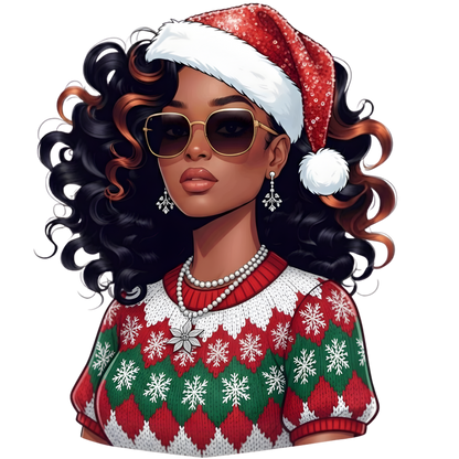 Festive Black woman Christmas DTF transfer design XMAS1469-16. Physical transfer only.