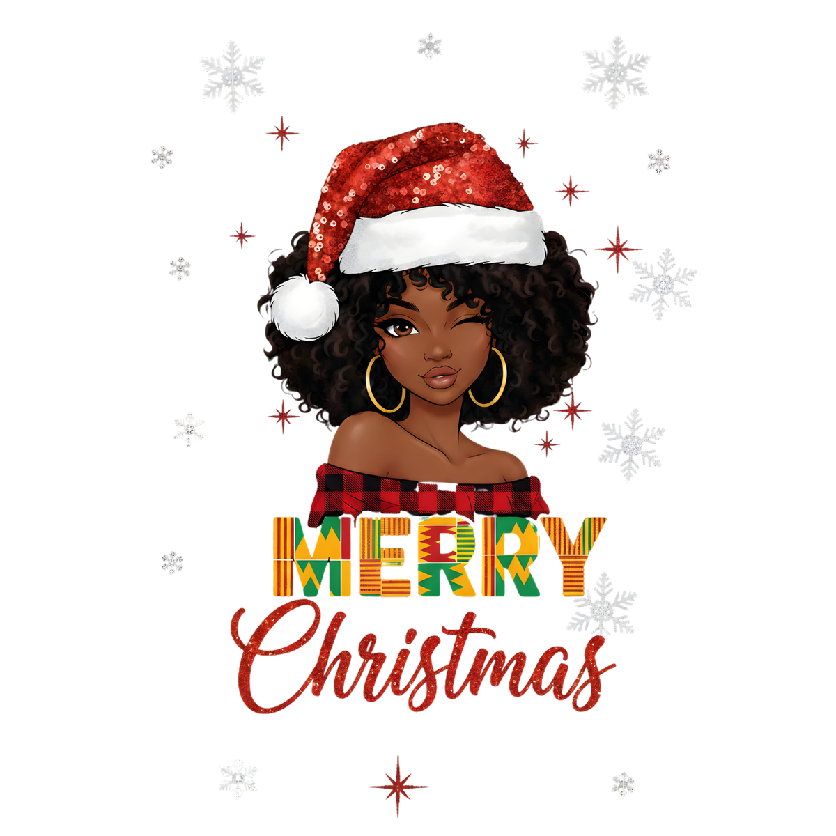 Festive Black woman Christmas DTF transfer design XMAS1469-17. Physical transfer only.