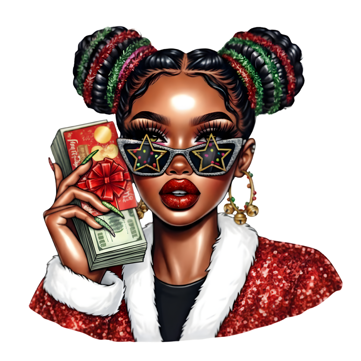 Festive Black woman Christmas DTF transfer design XMAS1469-19. Physical transfer only.